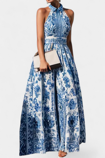 Momount Donna Vestito Maxi Floreale – Scollo all'Americana Senza Maniche Elegante