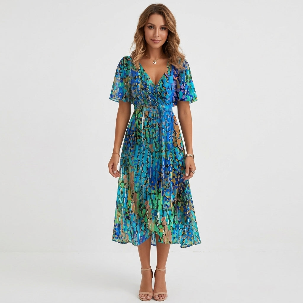 Adele Floral Summer Midi Dress | Casual, Timeless, Effortless - Blue - front
