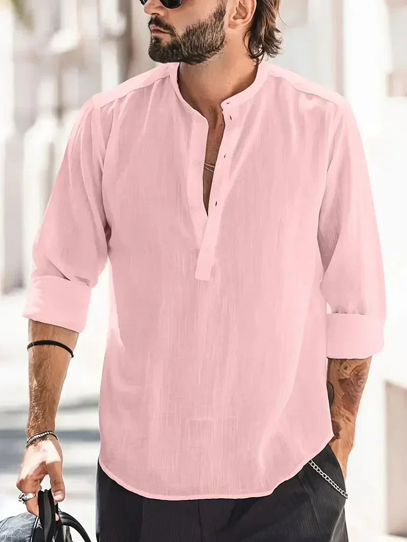 Momount Uomo Camicia Henley di Lino – Manica Lunga Collo alla Coreana Estiva
