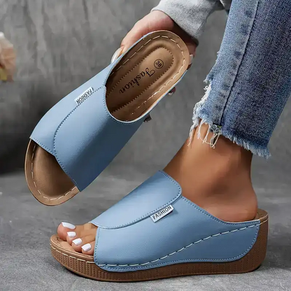 Momount Donna Sandali con Zeppa Plateau – Mule in Pelle Marrone Punta Aperta