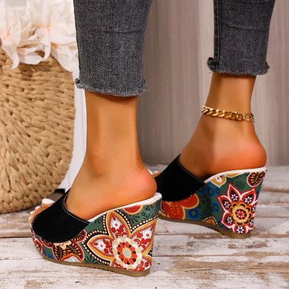 Momount Donna Sandali con Zeppa – Pelle Scamosciata Stampa Floreale Plateau Slide Boho