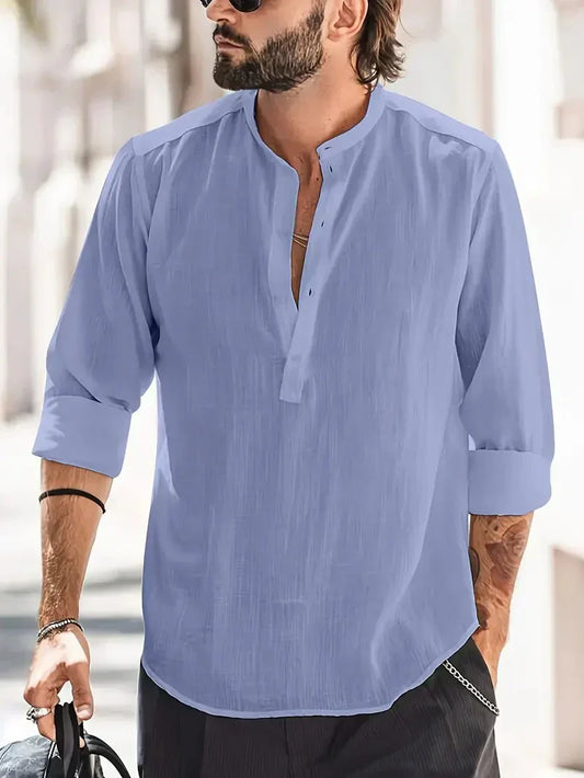 Momount Uomo Camicia Henley di Lino – Manica Lunga Collo alla Coreana Estiva