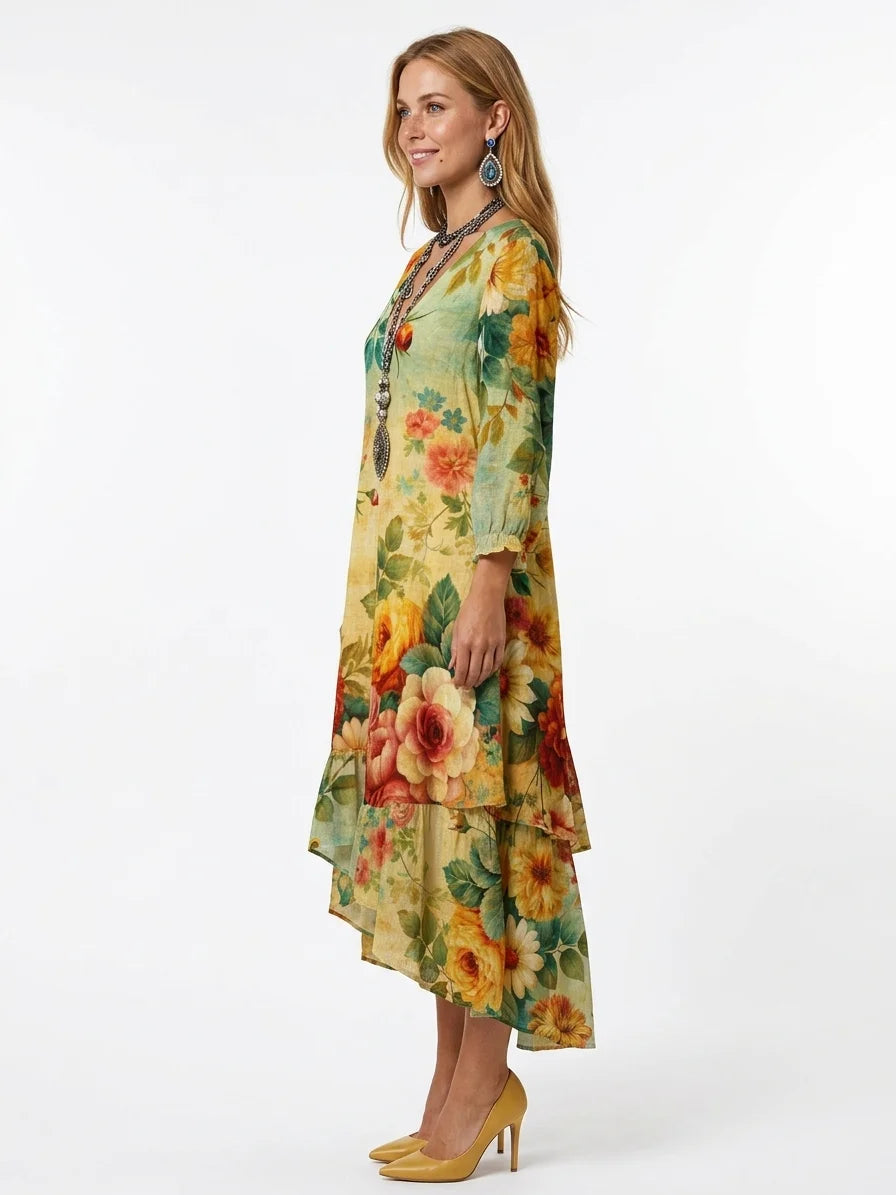 Ivy Boho Midi Dress | Floral Print, Tiered Skirt, 3/4 Sleeve - Yellow - side