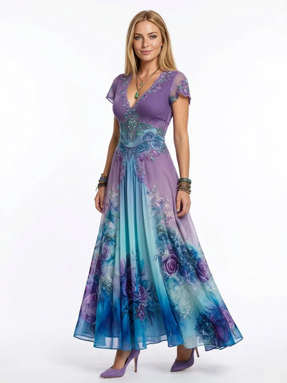 Aurora Gradient Maxi Dress | Mixed Print, V-Neck - Purple - 3/4
