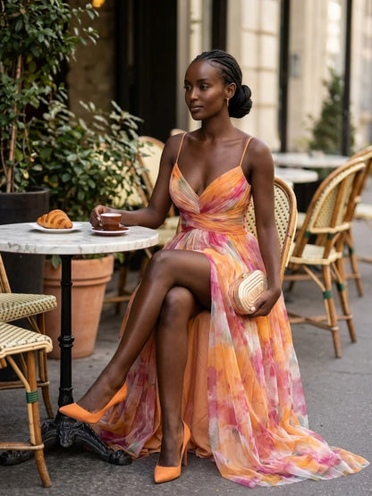 Aria Fitted Bodice Maxi Dress | V-Neck, Pleated Skirt - Orange - lifestyle_cafe