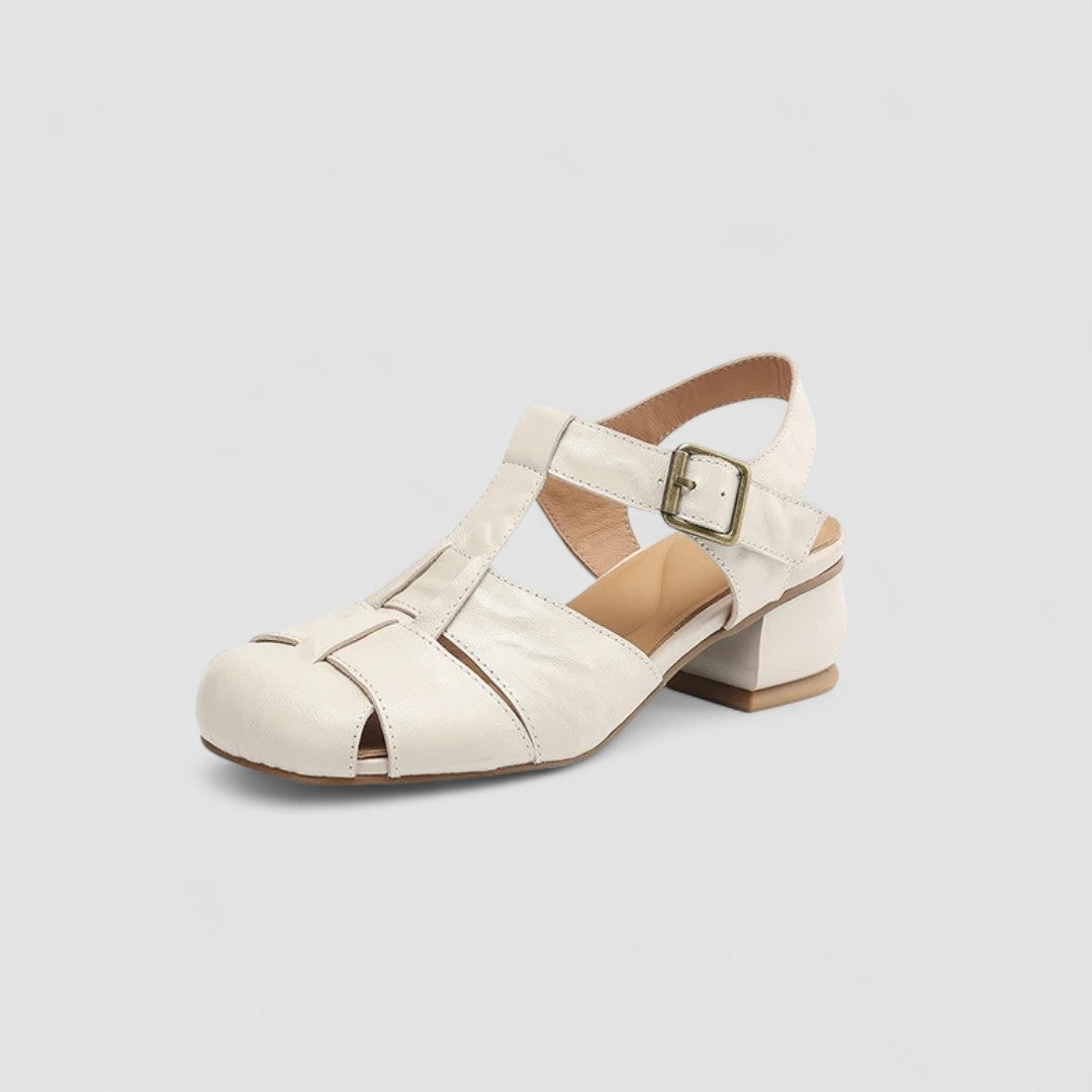 Momount Donna Sandali in Pelle – Punta Chiusa Fibbia Tacco Basso Vintage