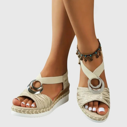 Momount Donna Sandali Espadrillas con Zeppa – Rosa Cipria Metallizzato Cinturino alla Caviglia