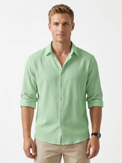Momount Men Waffle Linen Shirt – Long Sleeve Button Up Textured Casual - Green - front