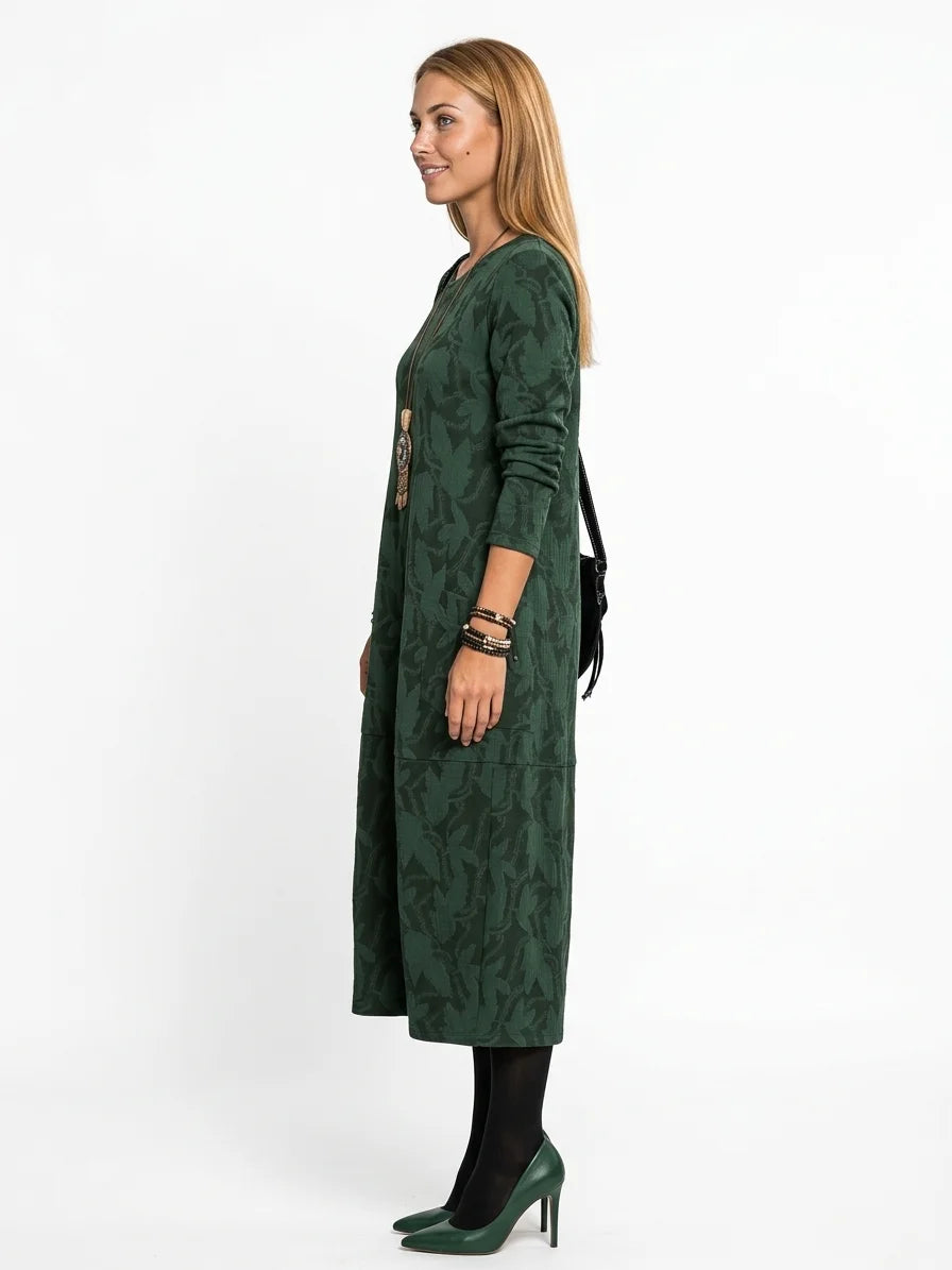 Wren Winter Midi Dress | Long Sleeve, Pockets, Printed - Green - side