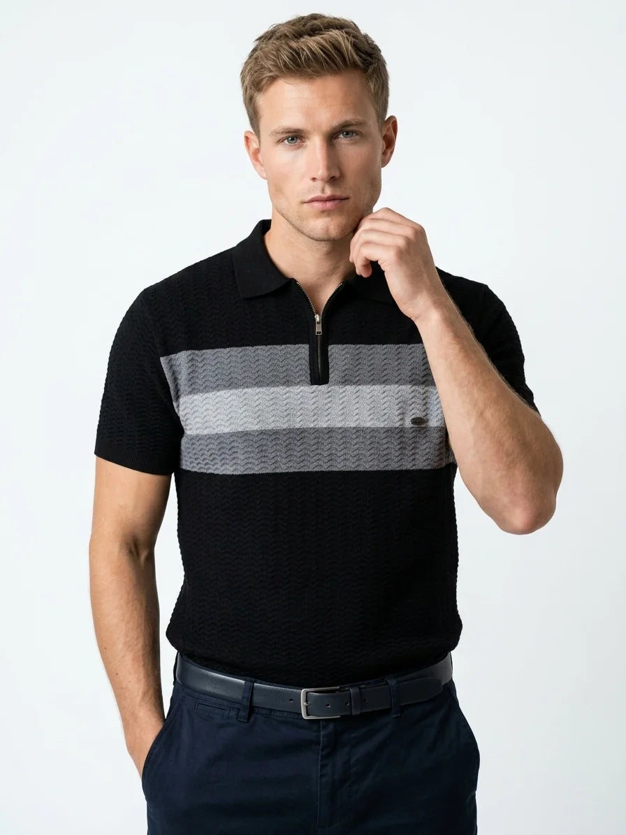 Momount Men Half Zip Polo Shirt – Knit Contrast Stripe Short Sleeve - Black - front