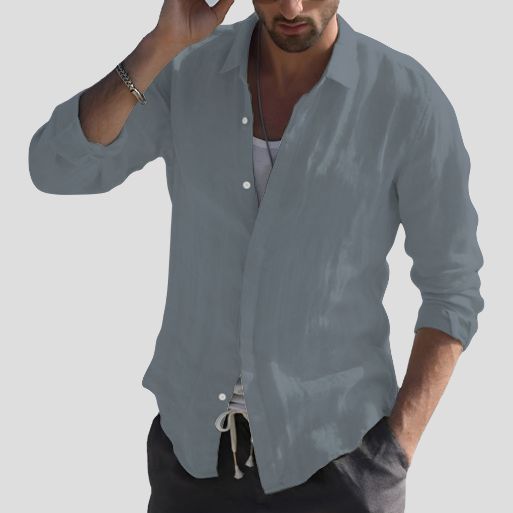 Momount Uomo Camicia di Lino – Manica Lunga Collo Classico Abbottonata Classica