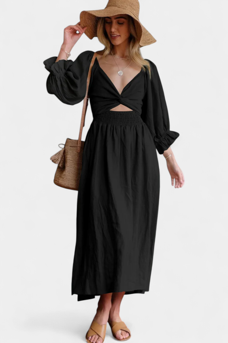 Momount Donna Vestito Midi Estivo – Cut Out Maniche a Sbuffo a Trapezio Fluido da Spiaggia