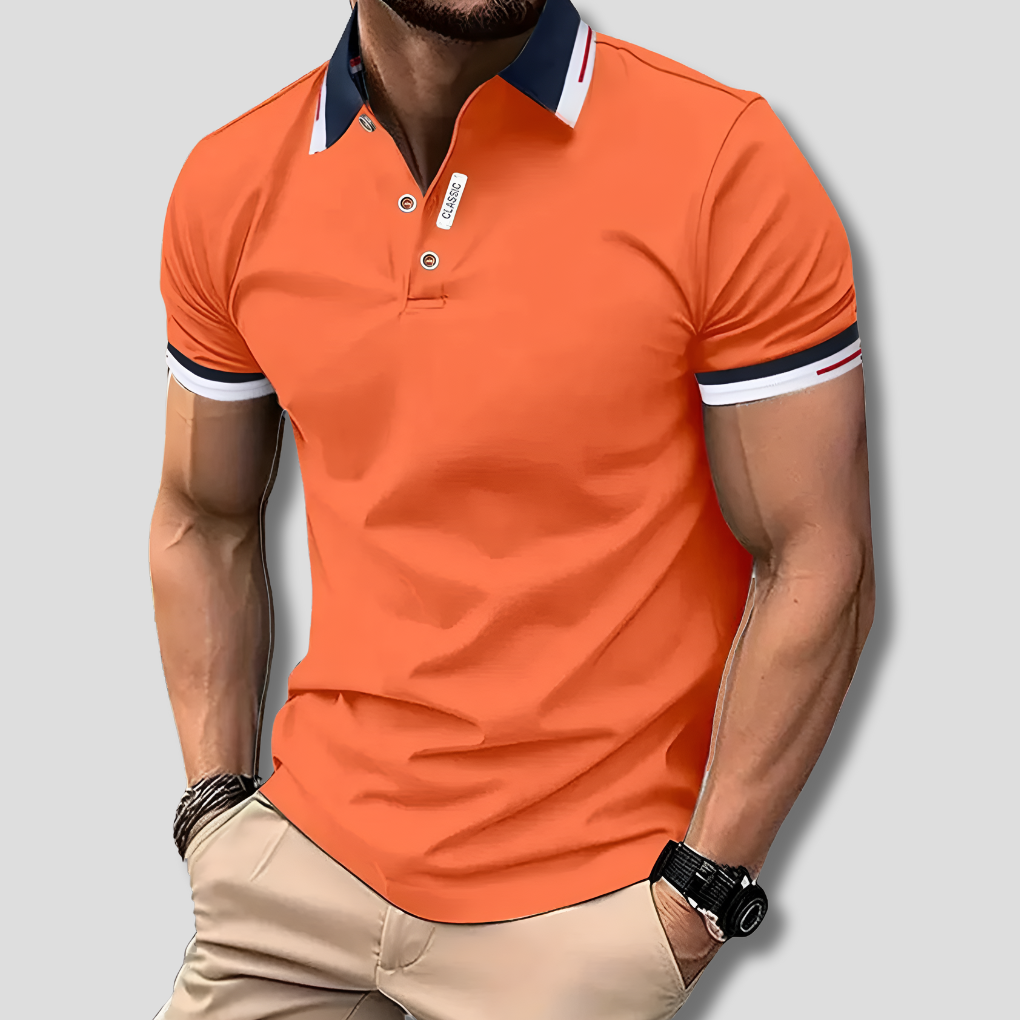 Momount Men Polo Shirt – Contrast Collar Striped Cuff Short Sleeve