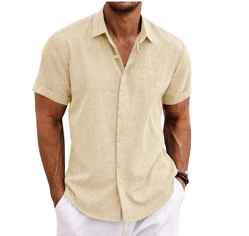 Momount Uomo Camicia in Cotone e Lino – Manica Corta Abbottonata Casual