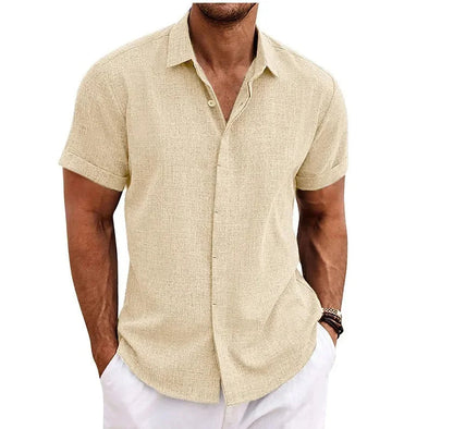 Momount Uomo Camicia in Cotone e Lino – Manica Corta Abbottonata Casual