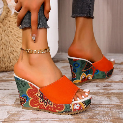 Momount Donna Sandali con Zeppa – Pelle Scamosciata Stampa Floreale Plateau Slide Boho