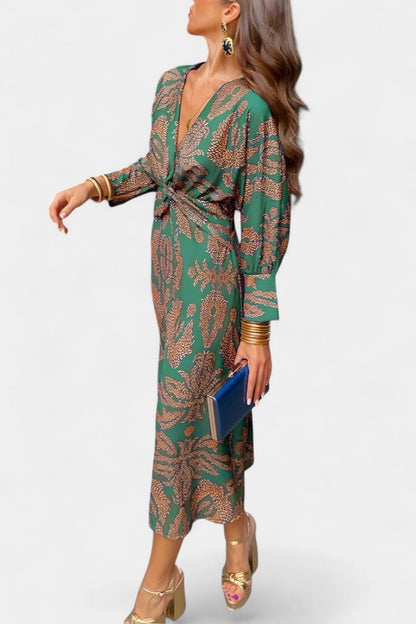 Elara V-Neck Knot Dress | Sculpted Waist, Fluid Drape