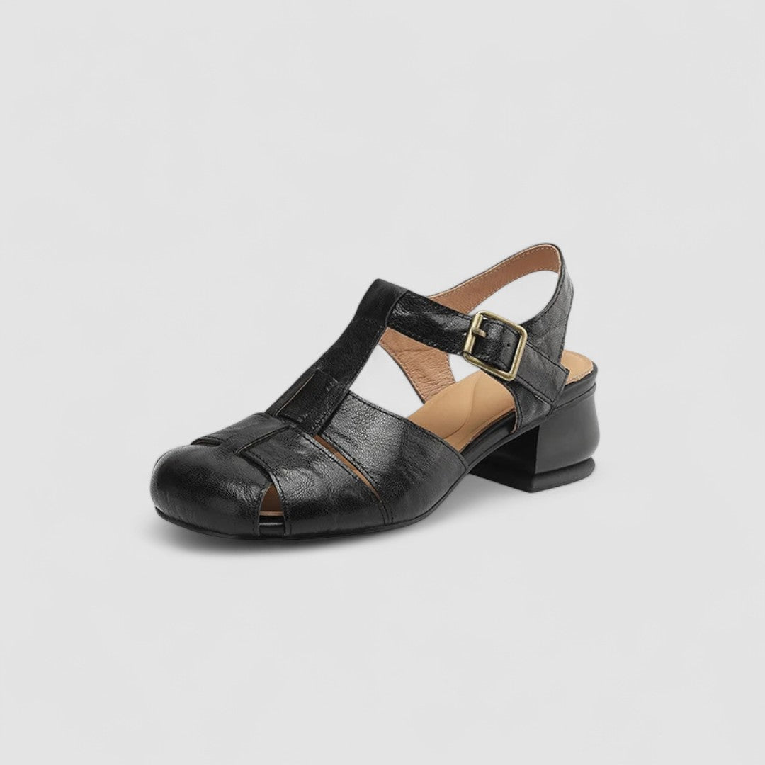 Momount Donna Sandali in Pelle – Punta Chiusa Fibbia Tacco Basso Vintage