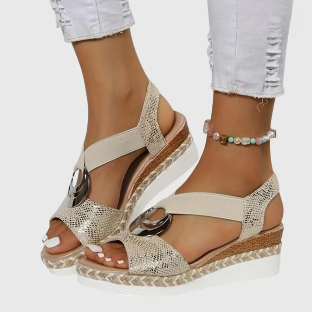 Momount Donna Sandali Espadrillas con Zeppa – Rosa Cipria Metallizzato Cinturino alla Caviglia