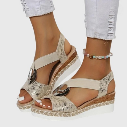 Momount Donna Sandali Espadrillas con Zeppa – Rosa Cipria Metallizzato Cinturino alla Caviglia