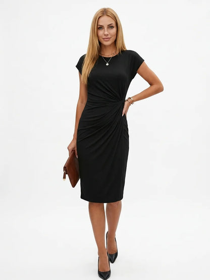 Katrina Draped Midi Dress | Round Neck, Fitted, Timeless - Black (last few items) - front