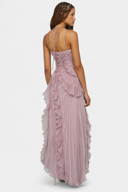 Momount Donna Vestito Maxi Plissettato Asimmetrico – Scollo all'Americana con Volant a Cascata per Cerimonia ed Estate