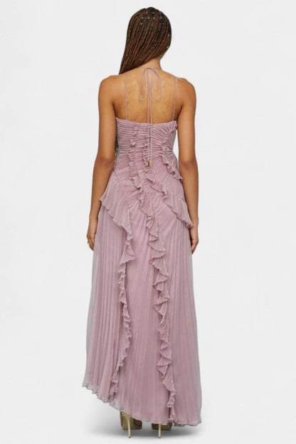 Momount Donna Vestito Maxi Plissettato Asimmetrico – Scollo all'Americana con Volant a Cascata per Cerimonia ed Estate