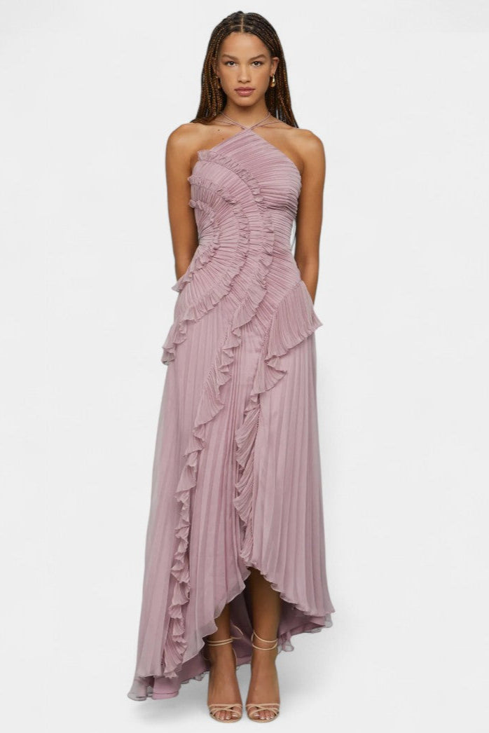 Momount Donna Vestito Maxi Plissettato Asimmetrico – Scollo all'Americana con Volant a Cascata per Cerimonia ed Estate