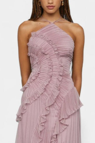 Momount Donna Vestito Maxi Plissettato Asimmetrico – Scollo all'Americana con Volant a Cascata per Cerimonia ed Estate