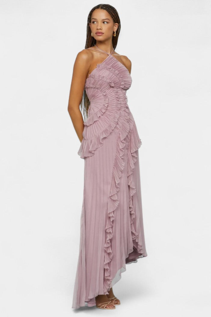 Momount Donna Vestito Maxi Plissettato Asimmetrico – Scollo all'Americana con Volant a Cascata per Cerimonia ed Estate