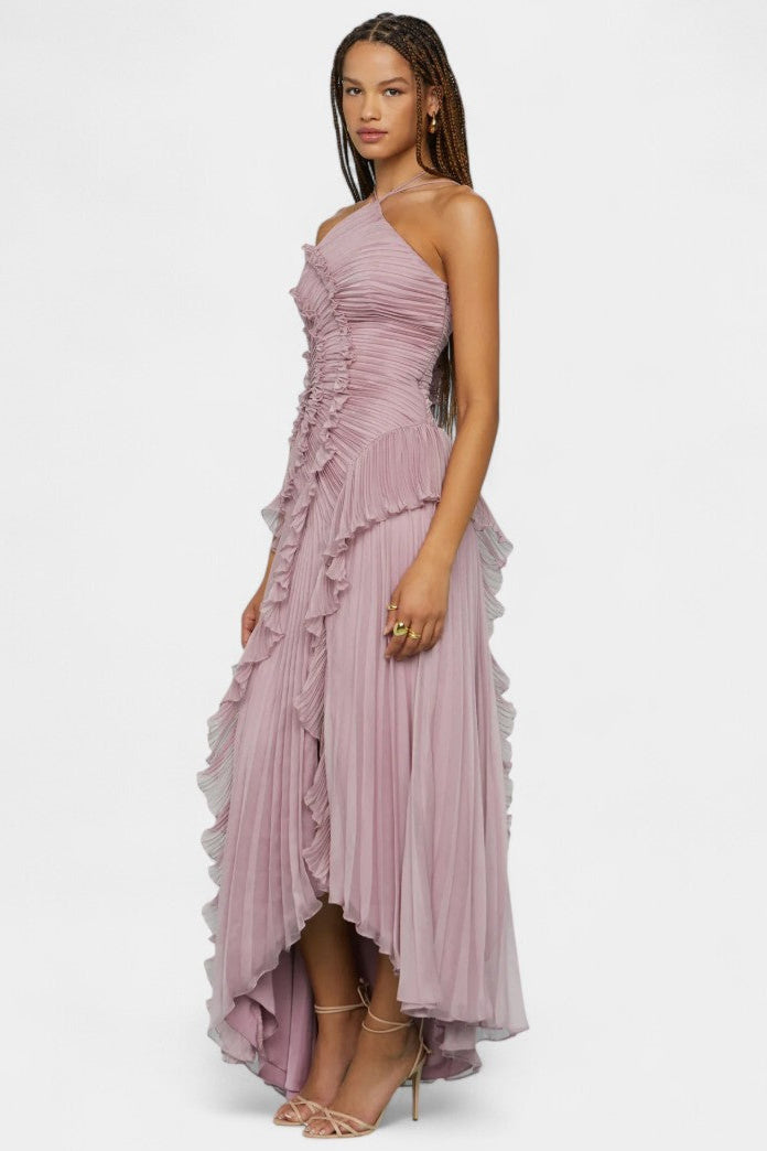 Momount Donna Vestito Maxi Plissettato Asimmetrico – Scollo all'Americana con Volant a Cascata per Cerimonia ed Estate