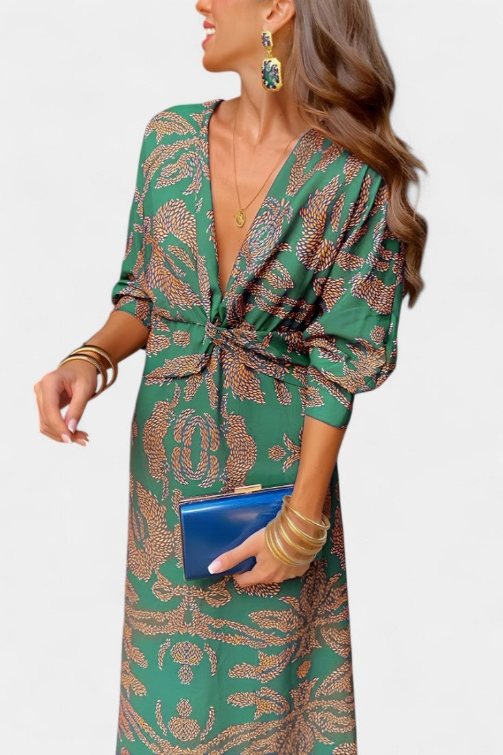 Elara V-Neck Knot Dress | Sculpted Waist, Fluid Drape