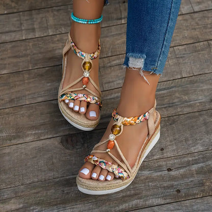 Momount Donna Sandali Espadrillas con Zeppa – Boho Intrecciati con Perline e Strass