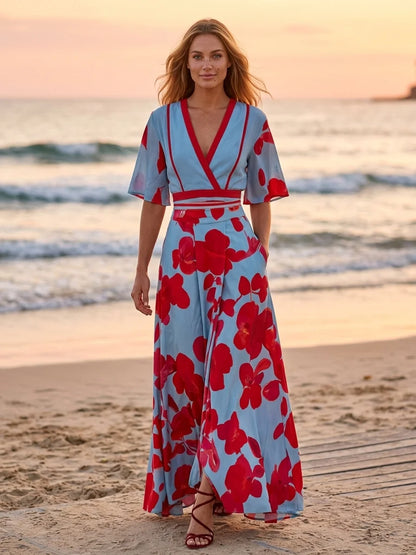 Elena Floral Wrap Maxi Dress | V-Neck, Summer Elegance - Blue & Red - lifestyle_beach