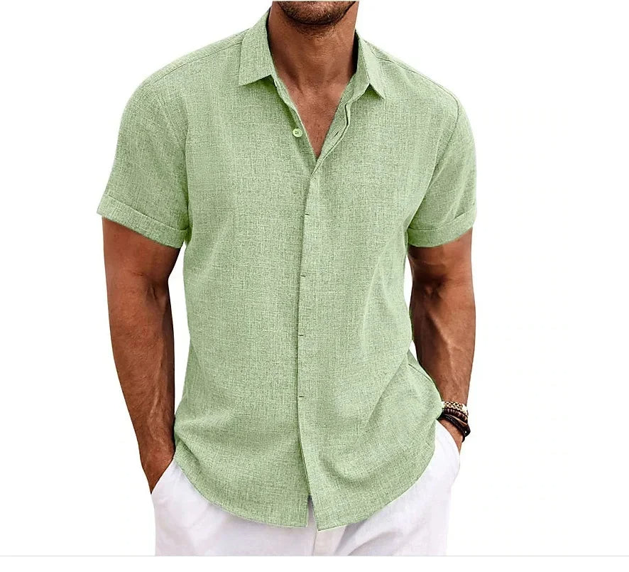Momount Uomo Camicia in Cotone e Lino – Manica Corta Abbottonata Casual