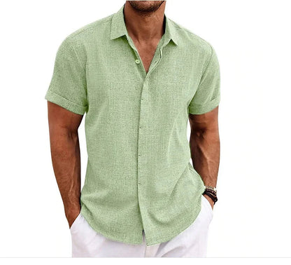 Momount Uomo Camicia in Cotone e Lino – Manica Corta Abbottonata Casual