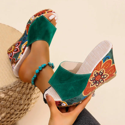 Momount Donna Sandali con Zeppa – Pelle Scamosciata Stampa Floreale Plateau Slide Boho