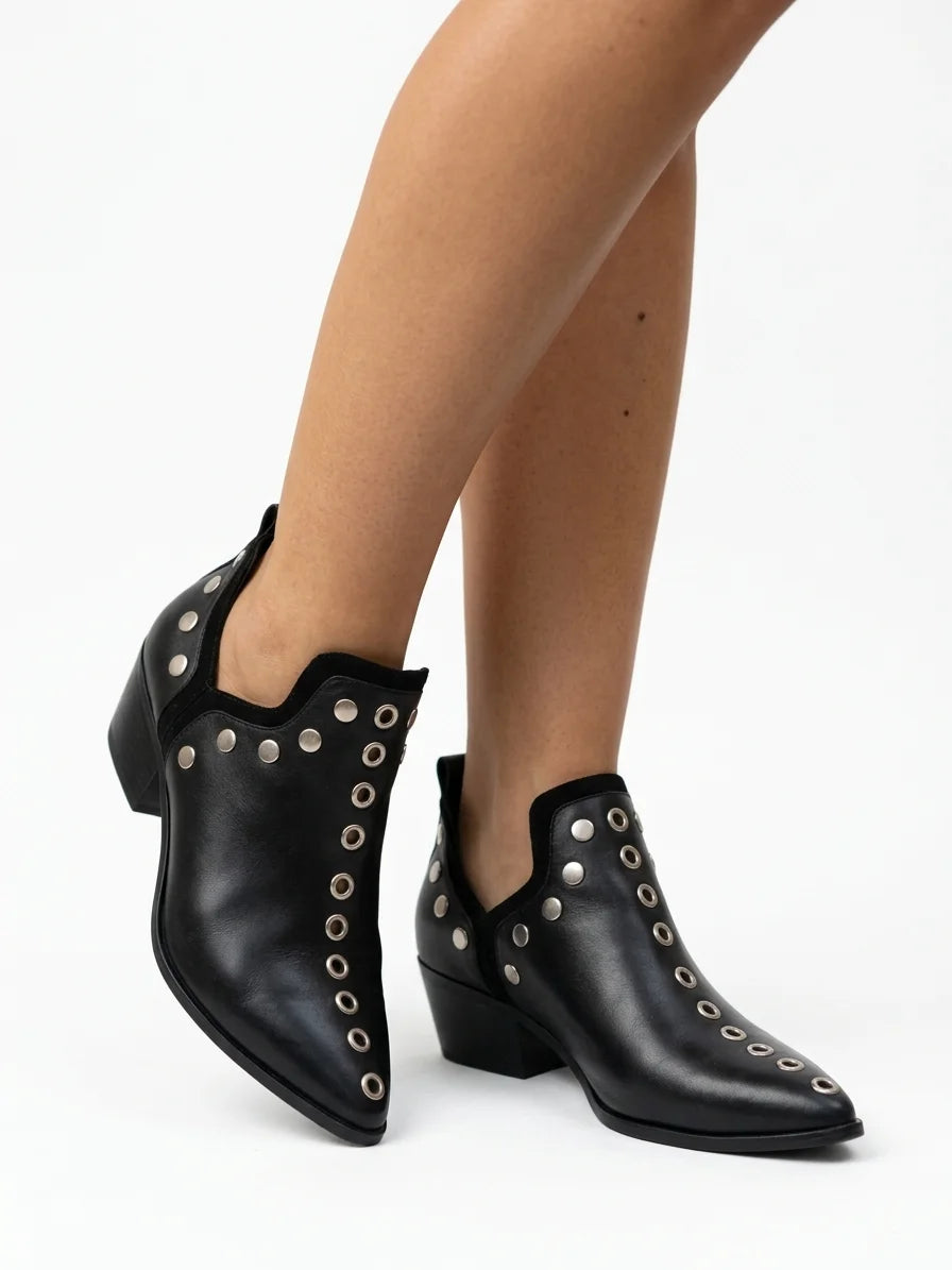 Women's Studded Ankle Boots – Pointed Toe Wide Block Heel - Black - onfoot