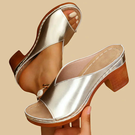 Momount Donna Sandali Slide – Plateau Tacco Largo Argento Metallizzato