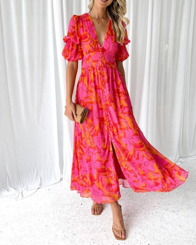 Momount Donna Abito Maxi Maniche a Sbuffo – Stampato Scollo a V Fluido