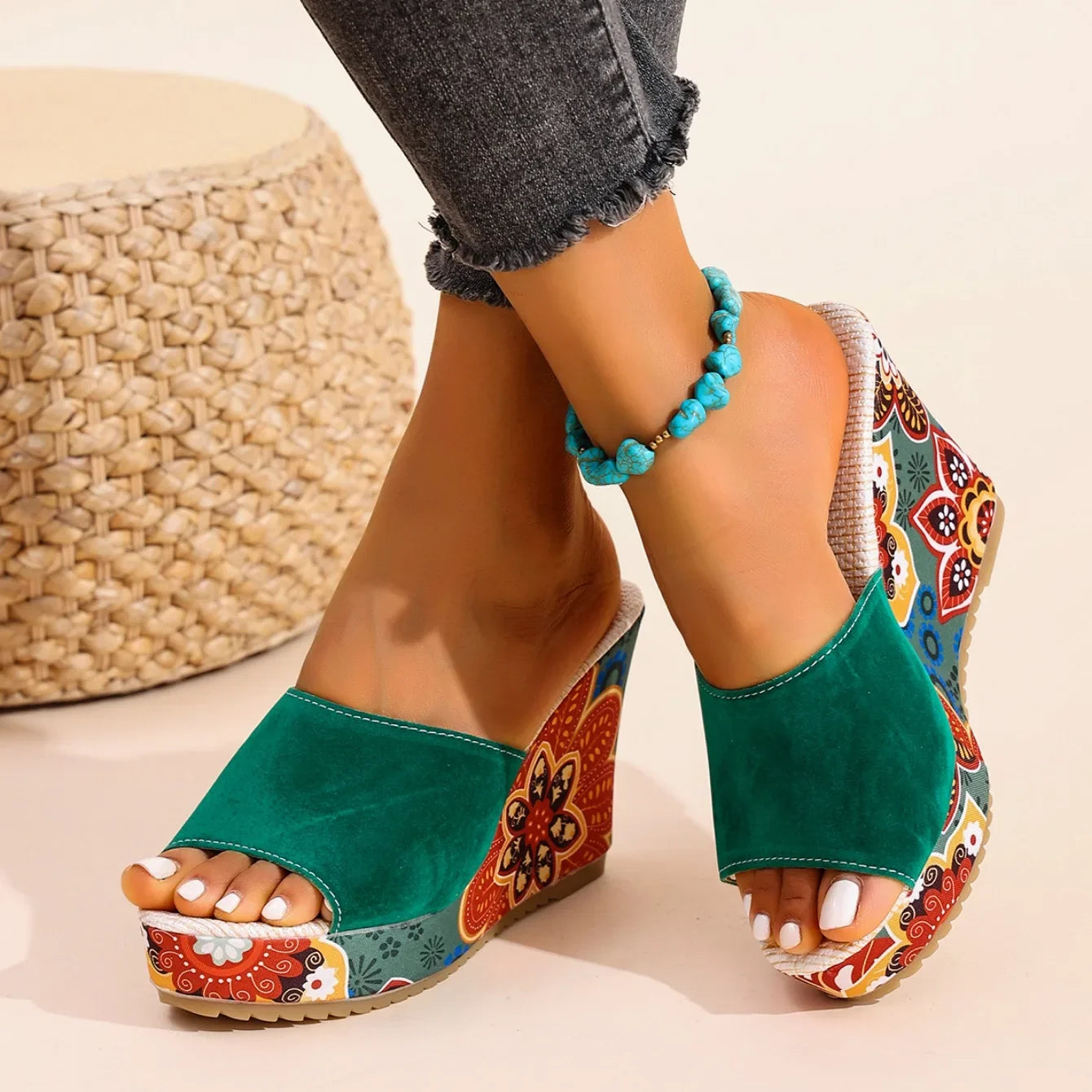 Momount Donna Sandali con Zeppa – Pelle Scamosciata Stampa Floreale Plateau Slide Boho