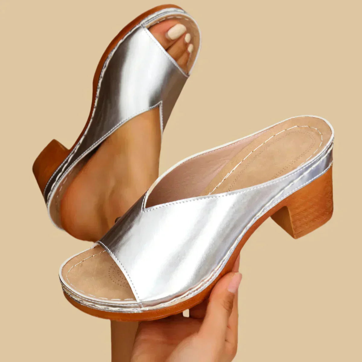 Momount Donna Sandali Slide – Plateau Tacco Largo Argento Metallizzato