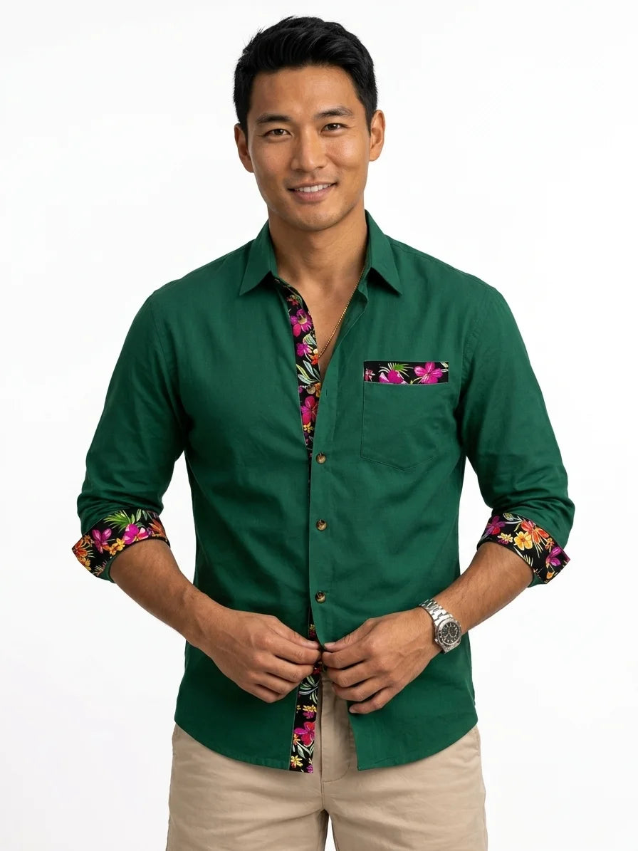 Momount Men Linen Shirt – Long Sleeve Floral Contrast Trim Hawaiian Casual - Green - front