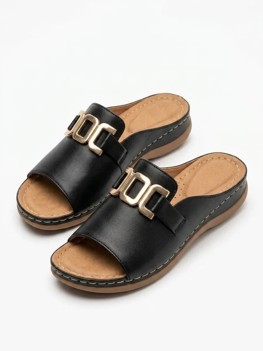 Bellarisa | Gold Chain Buckle Flat Slide Sandals - Black - 3/4