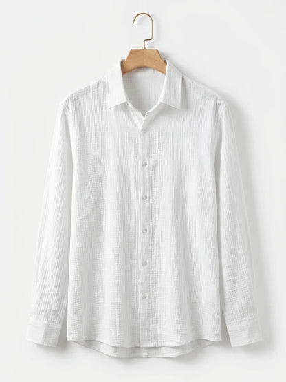 Momount Men Waffle Linen Shirt – Long Sleeve Button Up Textured Casual - White - hanger