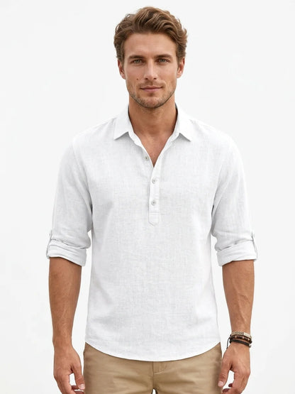 Momount Men Linen Shirt – Long Sleeve Popover Button Placket Casual - White - front
