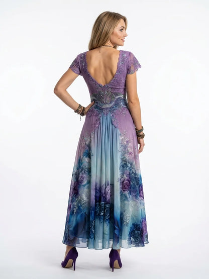 Aurora Gradient Maxi Dress | Mixed Print, V-Neck - Purple - back
