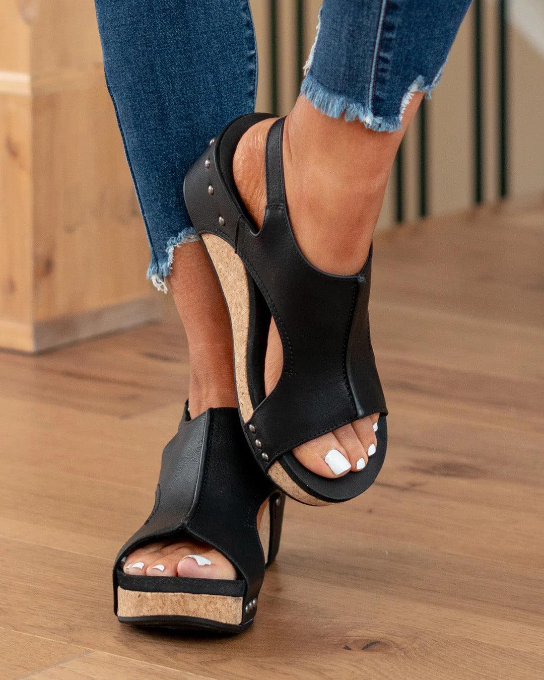 Momount Donna Sandali con Zeppa – Pelle Anticata Plateau Sughero Cinturino Posteriore
