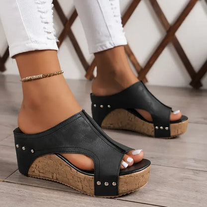 Momount Donna Sandali con Zeppa e Plateau – Sughero Nero Peep-Toe Mule con Borchie