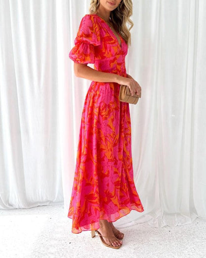 Momount Donna Abito Maxi Maniche a Sbuffo – Stampato Scollo a V Fluido